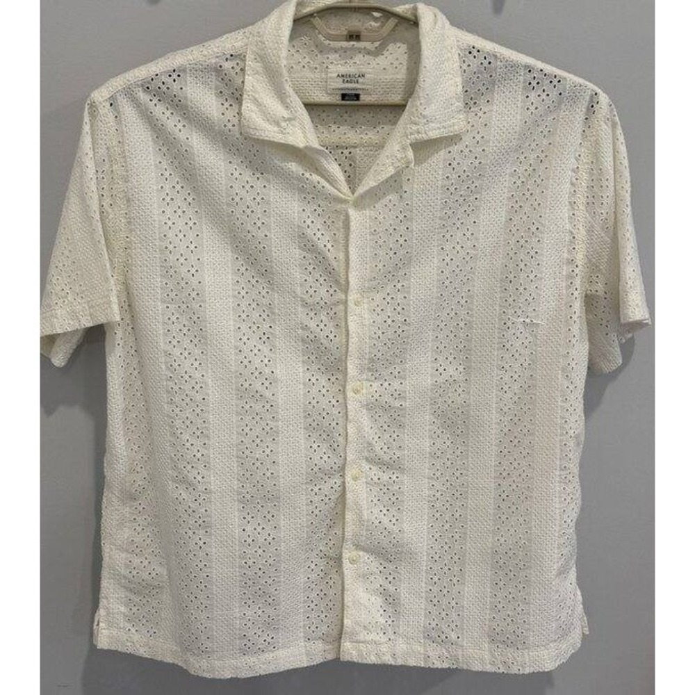 American Eagle Mens Creamy White Eyelet Short Sleeve Button Down Shirt L Beach